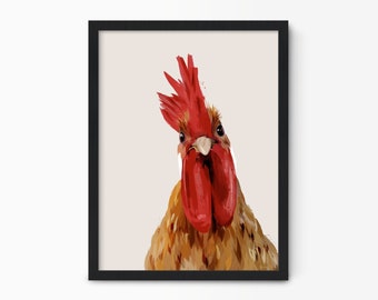 Quirky Chicken Wall Art Prints, Modern Chicken Art Painting, Farmhouse Kitchen Wall Decor, Framed Nursery Animal Art
