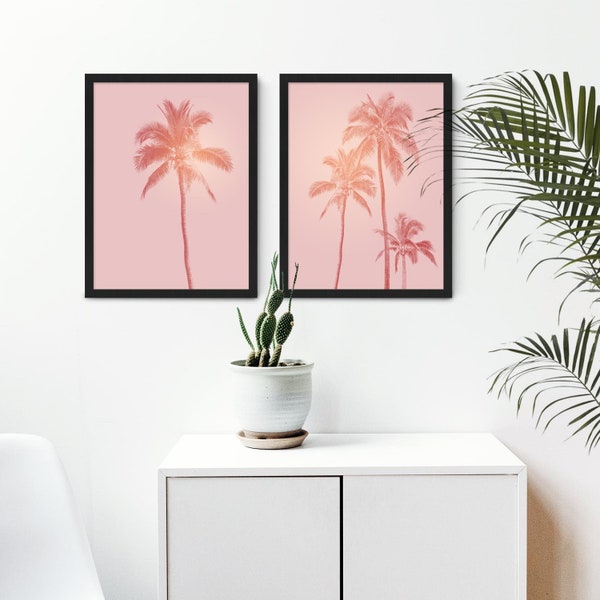 Pink Botanical Print Set, Palm Tree Wall Art Prints, Set of 2 Botanical Prints, Framed Tropical Wall Art