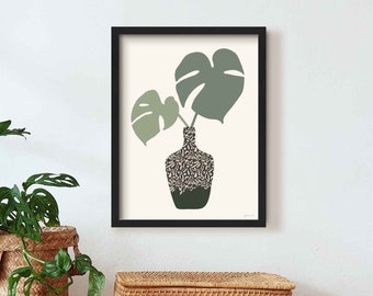 Monstera Botanical Plant Pot Print, Monstera Leaf Wall Art, Framed Botanical Wall Art, Modern Botanical Poster