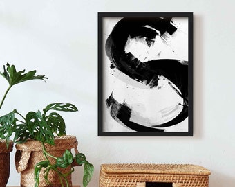Letter S Abstract Wall Art, Framed Black and White Minimalist Initial Print, Large Abstract Alphabet Painting, Personalised Wall Decor Gift