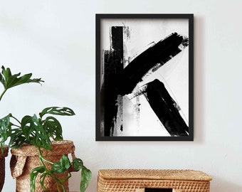 Letter K Abstract Wall Art, Framed Black and White Minimalist Initial Print, Large Abstract Alphabet Painting, Personalised Wall Decor Gift