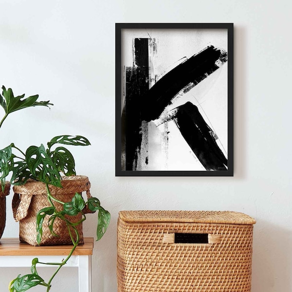 Letter K Abstract Wall Art, Framed Black and White Minimalist Initial Print, Large Abstract Alphabet Painting, Personalised Wall Decor Gift