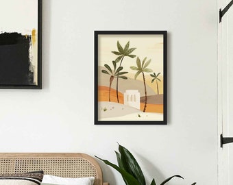 Moroccan Desert Landscape Wall Art Print, Framed Boho Wall Art, Bohemian Bedroom Wall Decor, Palm Tree Prints