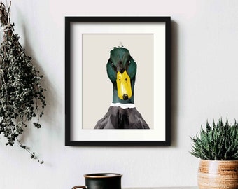 Quirky Duck Wall Art Prints, Framed Farmhouse Kitchen Animal Art, Modern Duck Wildlife Art Painting