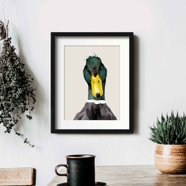 Quirky Duck Wall Art Prints, Framed Farmhouse Kitchen Animal Art, Modern Duck Wildlife Art Painting