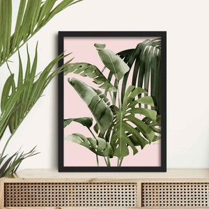 Bright Mixed Palm Leaf Print, Pink Tropical Wall Art Prints, Framed Plant Poster, Botanical Plant Print