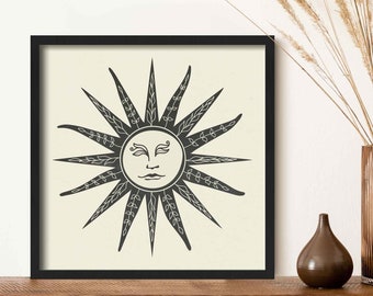 Bohemian Sun Print, Framed Boho Sun Wall Art, Celestial Wall Decor, Modern Bohemian Decor