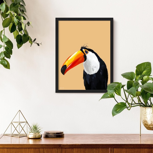 Quirky Toucan Wall Art Print, Framed Tropical Bird Painting, Kids Room Animal Wall Decor, Modern Tropical Animal Art Prints