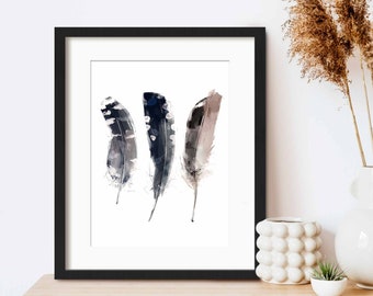 Blue and Pink Boho Feather Wall Art Print, Minimalist Bohemian Bedroom Living Room Wall Decor