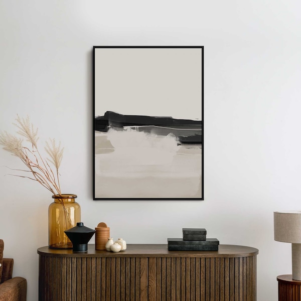 Large Neutral Abstract Canvas Wall Art, Framed Abstract Landscape Art, Modern Scandinavian Living Room Wall Decor