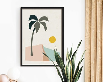 Tropical Beach Palm Tree Wall Art Print, Large Framed Coastal Wall Decor, Modern California Beach Poster