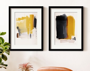 Mustard Yellow and Grey Abstract Wall Art Set of 2, Framed Minimalist Abstract Prints, Mid Century Modern Living Room Wall Art