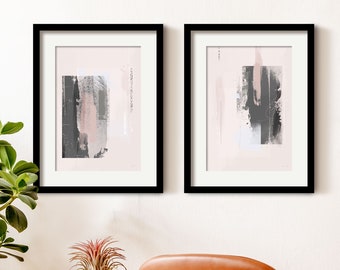 Pink and Grey Abstract Art, Blush Pink Wall Art Print Set of 2, Modern Abstract Paintings, Pink Framed Wall Art Set