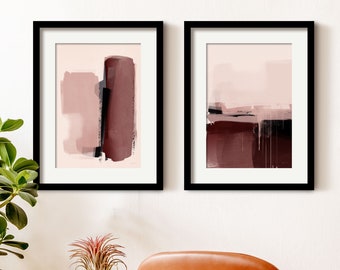 Pink Abstract Wall Art Set, Blush Pink Set of 2 Prints, Modern Abstract Paintings, Pink Framed Wall Art Set