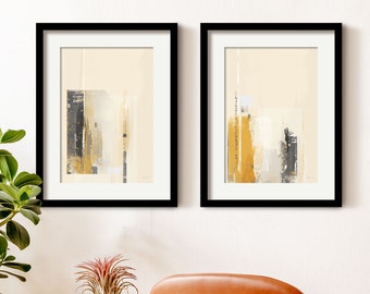 Mustard Yellow and Grey Abstract Set of 2 Prints, Framed Minimalist Wall Art Set, Mid Century Modern Living Room Decor