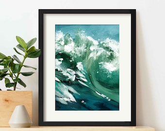 Large Ocean Wave Painting, Framed Waves Wall Art Print, Coastal Beach House Decor, Modern Ocean Surf Poster