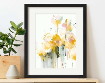 Spring Yellow Abstract Floral Wall Art Print, Framed Modern Bright Flower Art Painting, Kitchen Decor