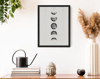 Grey Boho Moon Phases Wall Art Print, Scandinavian Minimalist Bedroom Wall Decor