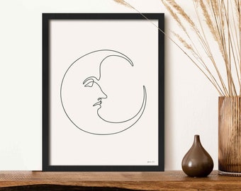 Bohemian Moon Print, Continuous Line Moon Wall Art, One Line Moon Drawing, Boho Moon Poster