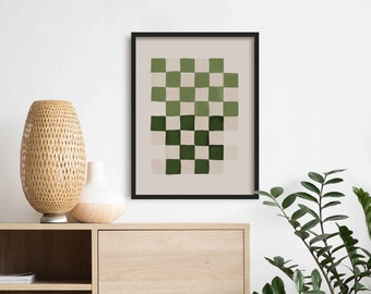 Green & Beige Chequered Art Print, Large Framed Minimalist Wall Art, Modern Neutral Living Room Apartment Wall Decor