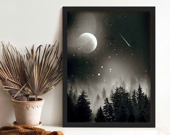 Black and White Space Poster, Night Sky Forest Print, Outer Space Art, Celestial Wall Decor, Moon Wall Art Prints, Kids Room Decor