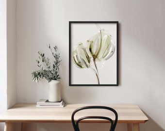 Best Buds Abstract Floral Art Print, Large Framed Green and Beige Flower Painting, Modern Minimalist Neutral Living Room, Bedroom Wall Decor