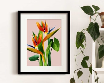 Birds Of Paradise Flower Painting, Pink Botanical Plant Print, Framed Tropical Leaf Wall Art, Modern Tropical Decor