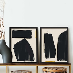 Abstract Shapes Wall Art Set, Set of 2 Abstract Prints, Dark Framed Abstract Art, Minimalist Bedroom Decor