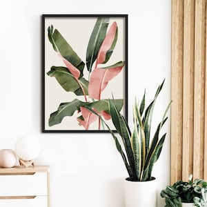 Pink Banana Leaves Print, Framed Botanical Wall Art, Modern Pink Tropical Leaf Print, Banana Leaf Botanical Poster