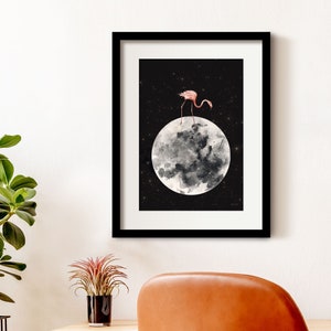 Flamingo On The Moon Wall Art Print, Framed Moon Poster, Dark Flamingo Painting, Bedroom Wall Decor