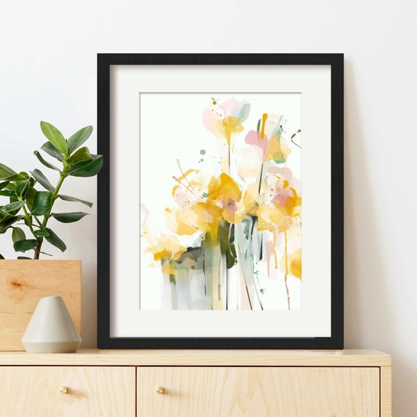 Impresión de arte de pared Floral abstracto amarillo primavera, pintura de arte de flor brillante moderna enmarcada, decoración de cocina