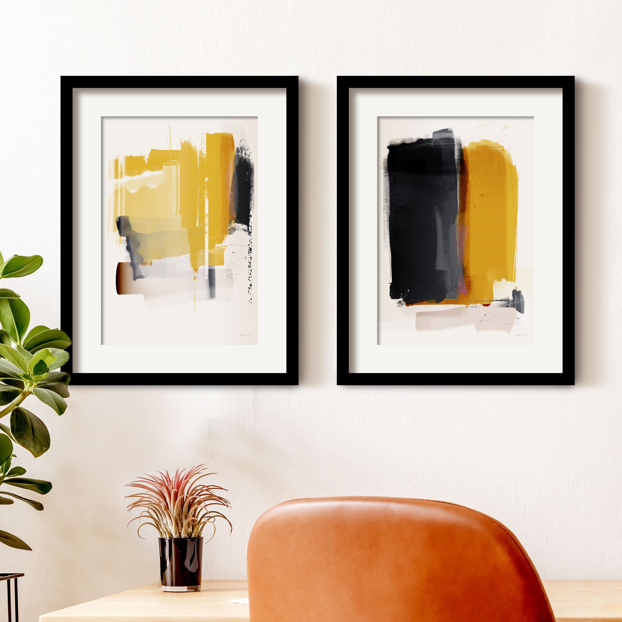 Mustard Yellow and Grey Abstract Wall Art Set of 2 Framed Etsy UK
