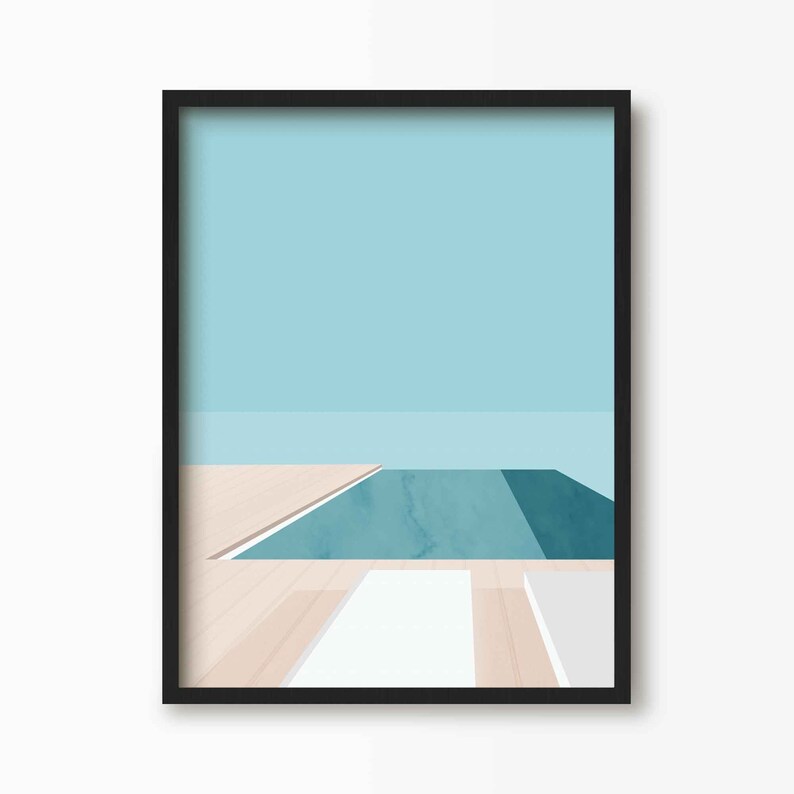 Swimming Pool Abstract Art Print, Geometric Swimming Pool Wall Art, Beach House Decor, Bathroom Wall Art Black Frame