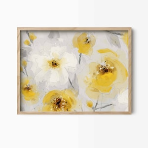 Mustard Yellow Floral Wall Art Print, Large Framed Flower Painting, Contemporary Bedroom Floral Wall Decor