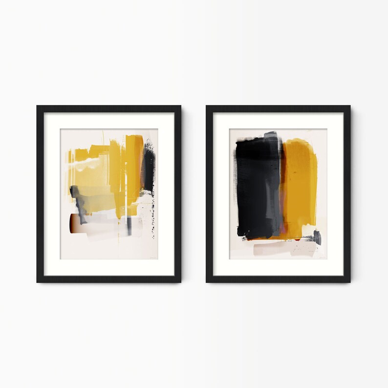 Mustard and Grey Abstract Wall Art Set Set of 2 Abstract Etsy