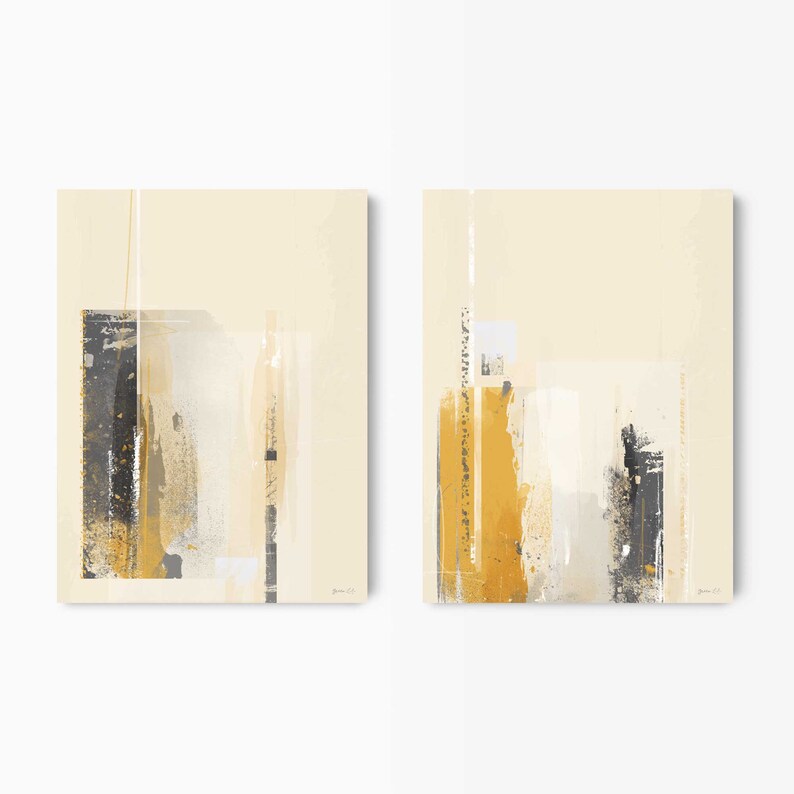 Mustard and Grey Abstract Prints Set of 2 Framed Abstract Etsy