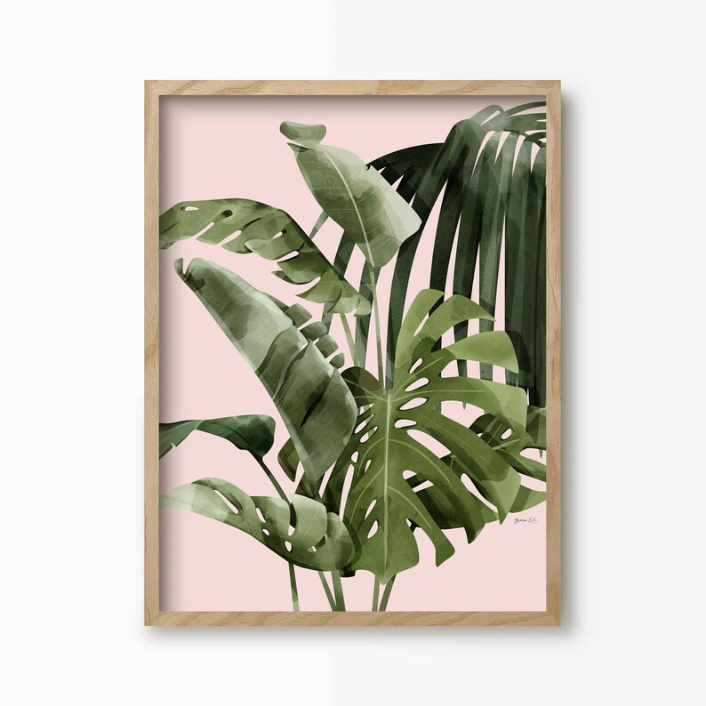 Bright Mixed Palm Leaf Print, Pink Tropical Wall Art Prints, Framed Plant Poster, Botanical Plant Print Natural Frame