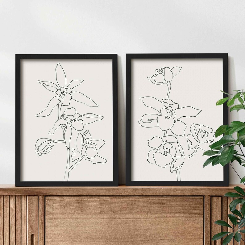 Black & White Orchid Flower Wall Art Set of 2 Framed Flower Etsy