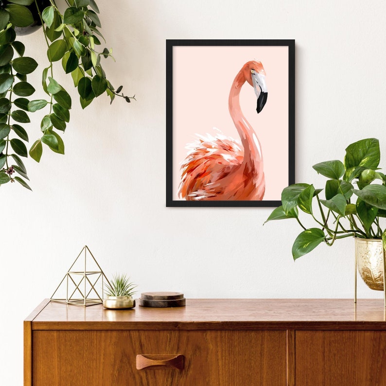 Pink Flamingo Wall Art Print, Framed Flamingo Painting, Modern Flamingo Animal Poster, Tropical Flamingo Wall Decor image 1