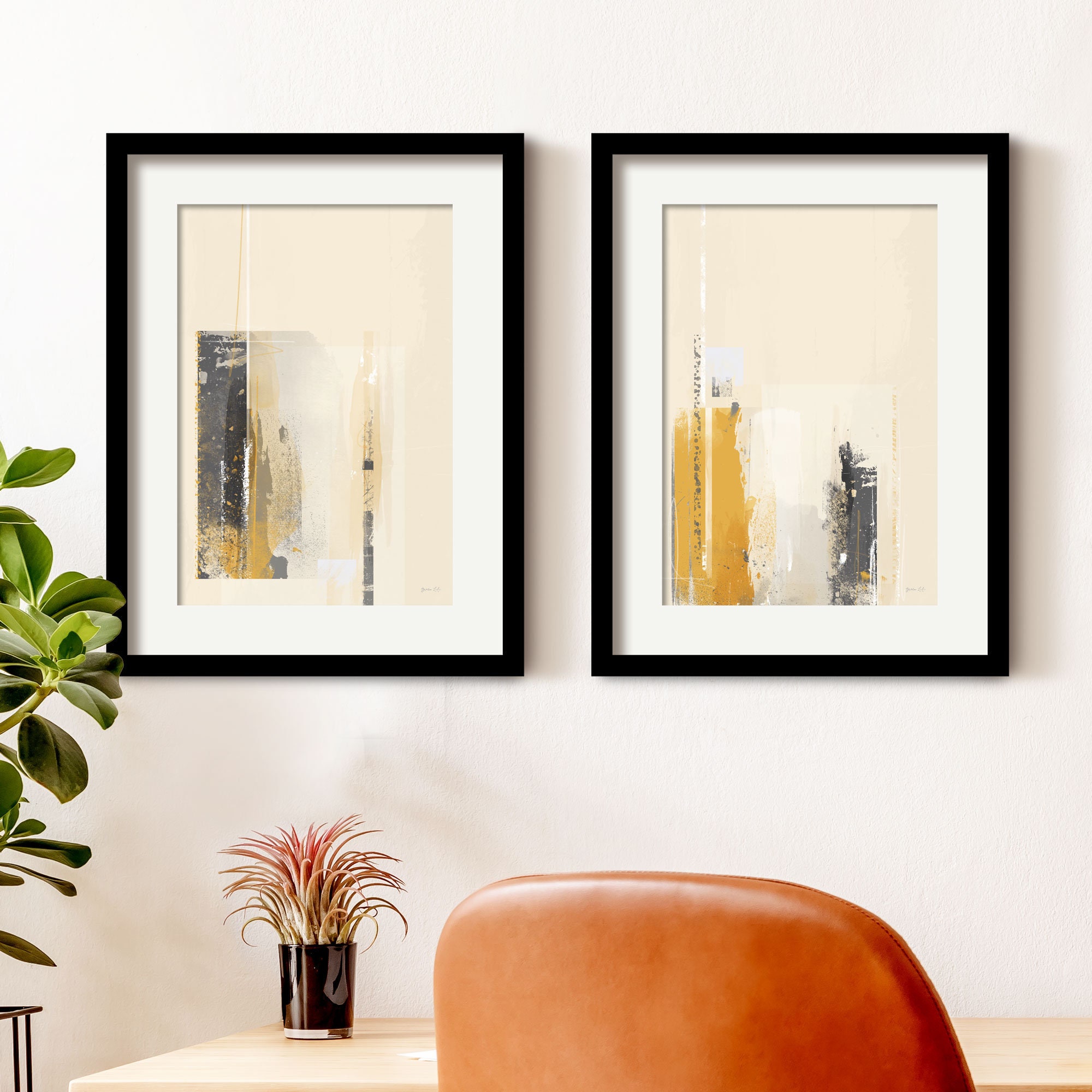 Mustard and Grey Abstract Prints Set of 2 Framed Abstract | Etsy UK