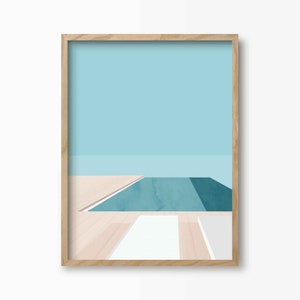 Swimming Pool Abstract Art Print, Geometric Swimming Pool Wall Art, Beach House Decor, Bathroom Wall Art Natural Frame