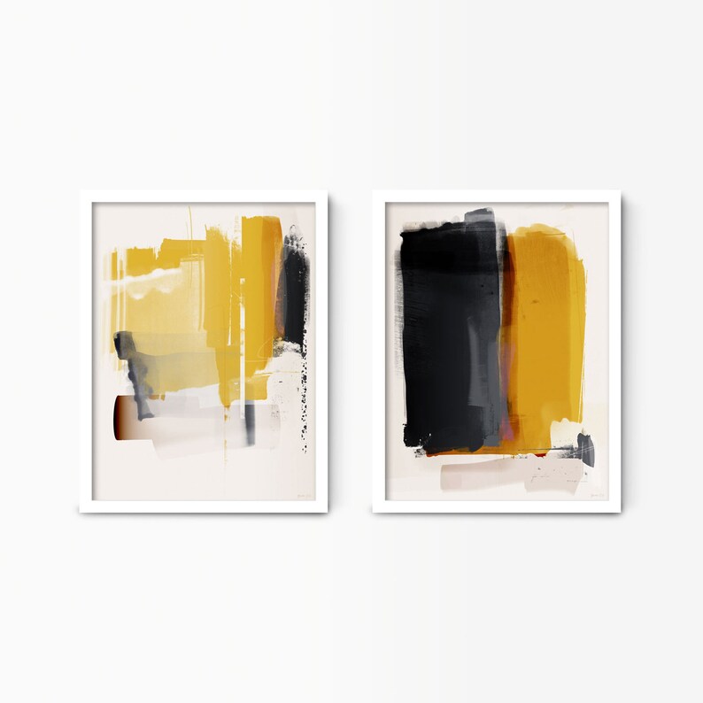Mustard and Grey Abstract Wall Art Set Set of 2 Abstract Etsy