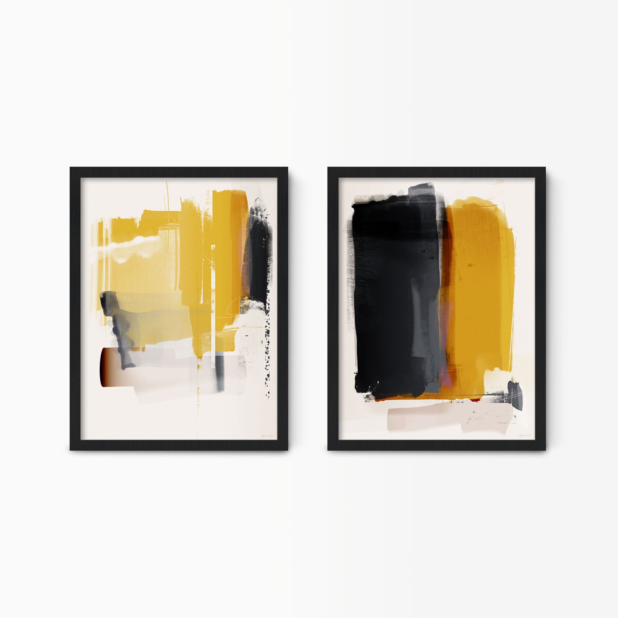 Mustard Yellow and Grey Abstract Wall Art Set of 2 Framed Etsy UK