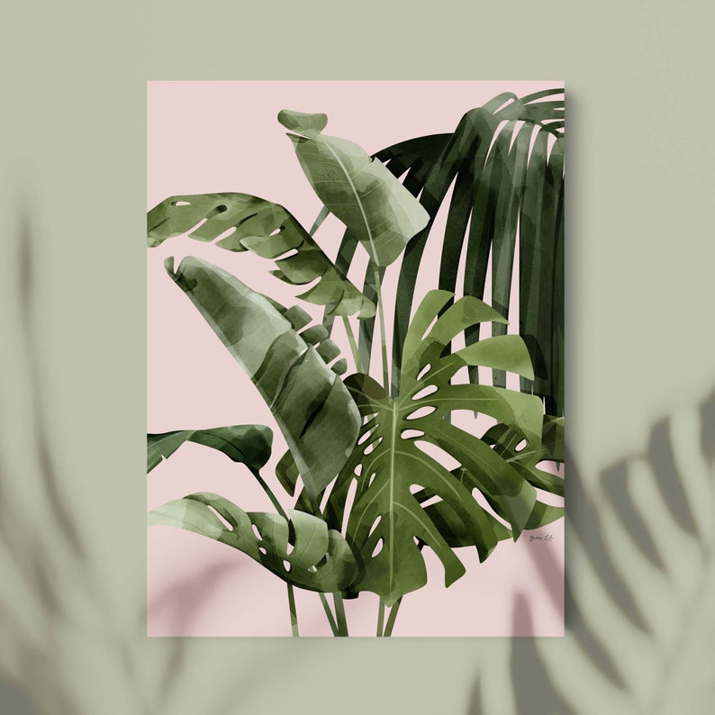 Bright Mixed Palm Leaf Print, Pink Tropical Wall Art Prints, Framed Plant Poster, Botanical Plant Print Unframed Print
