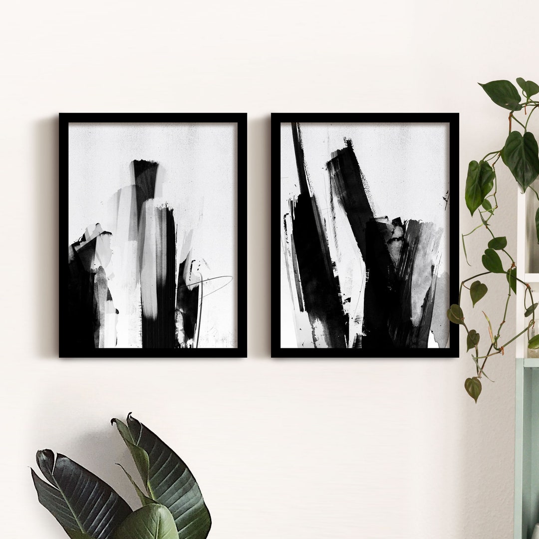 Minimalist Abstract Wall Art Set of 2 Prints, Framed Abstract Wall Art