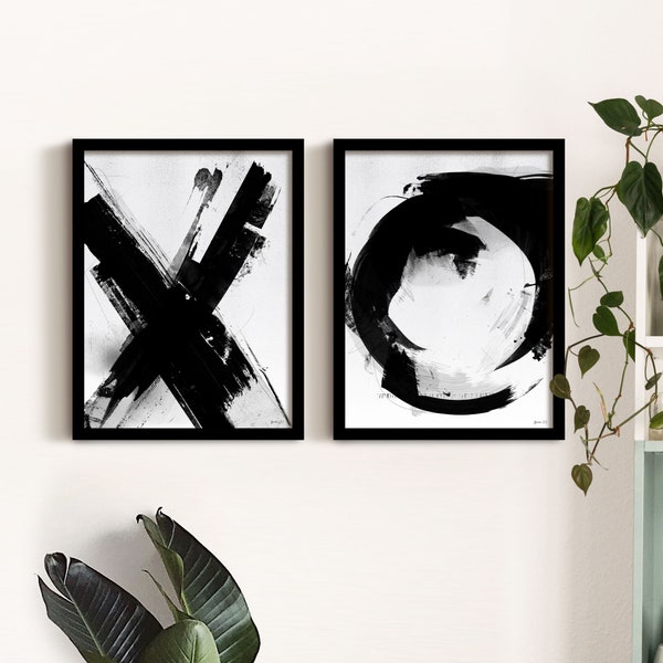 Letter XO Abstract Art Prints, Framed Black and White Minimalist Wall Art Set, Abstract Painting, Bedroom Wall Decor