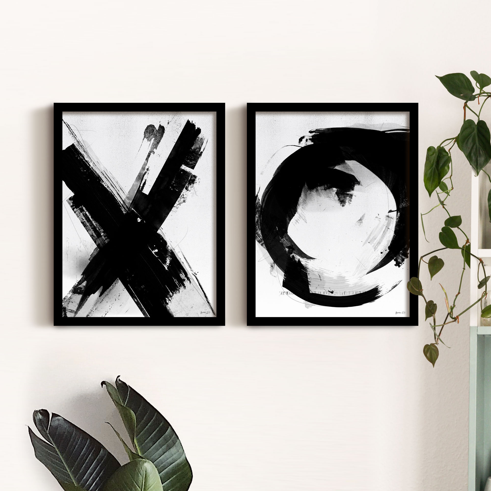 Letter XO Abstract Art Prints Framed Black and White Minimalist