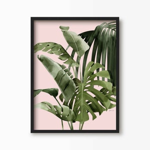 Bright Mixed Palm Leaf Print, Pink Tropical Wall Art Prints, Framed Plant Poster, Botanical Plant Print Black Frame