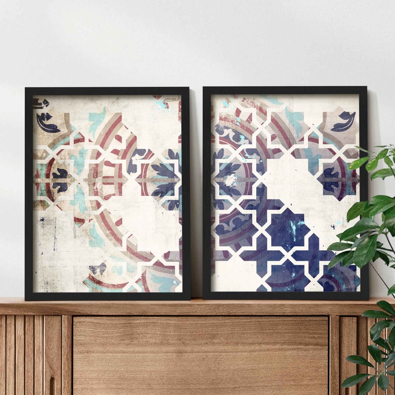 Blue Moroccan Wall Art Set of 2 Prints Modern Morocco Boho Etsy