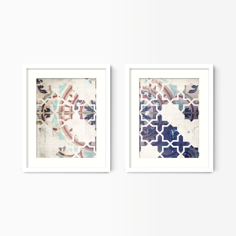 Blue Moroccan Wall Art Set of 2 Prints Modern Morocco Boho Etsy
